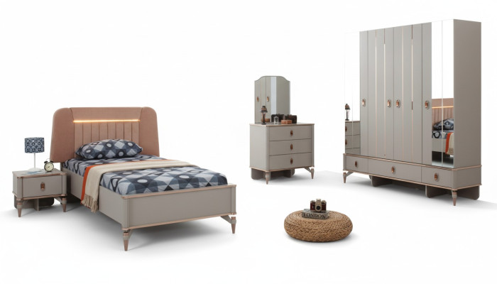 Compleet kinderbed kindermeubilair beige hout set 5-delig modern.