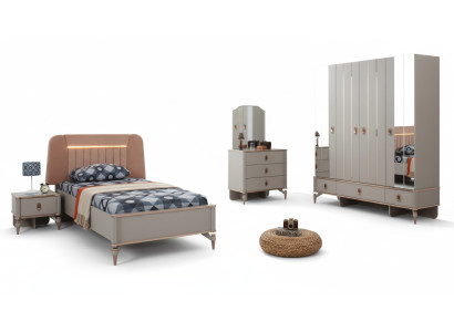Compleet kinderbed kindermeubilair beige hout set 5-delig modern.