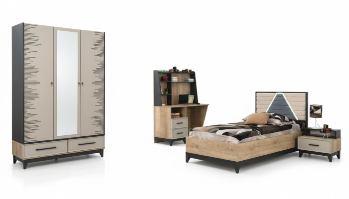 Compleet kindermeubilair tienerbed houten set 4-delig kinderkamer bruin