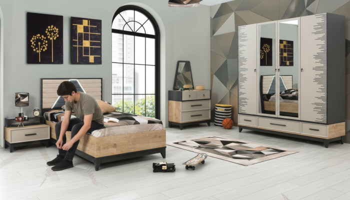 Garnituur kinderkamer bed kinderbed bruin hout sets jeugdbed 5-delig.