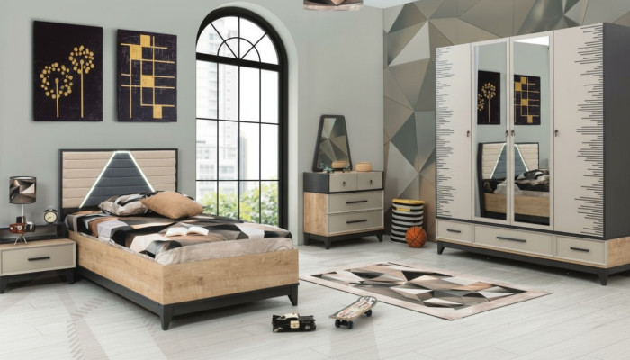 Garnituur kinderkamer bed kinderbed bruin hout sets jeugdbed 5-delig.
