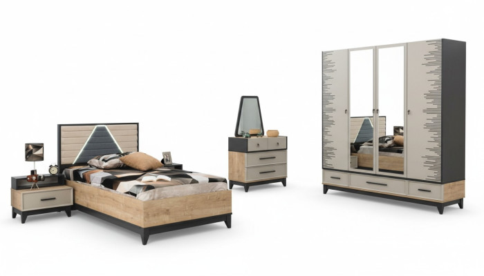 Garnituur kinderkamer bed kinderbed bruin hout sets jeugdbed 5-delig.