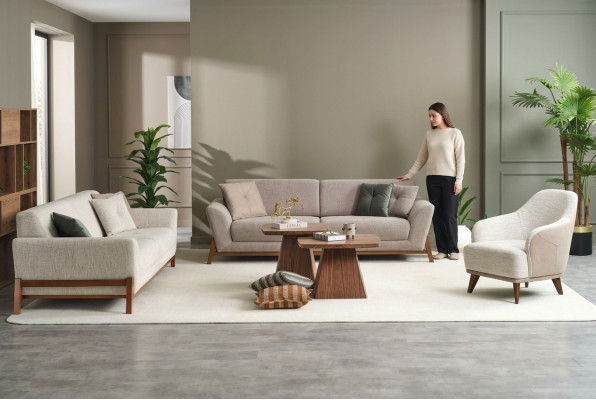 Groep bank Driezitsbank Fauteuil Bank Stof Beige Stoffen bankstelset 3-delig 3+3+1