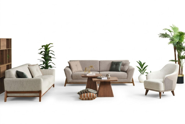 Groep bank Driezitsbank Fauteuil Bank Stof Beige Stoffen bankstelset 3-delig 3+3+1