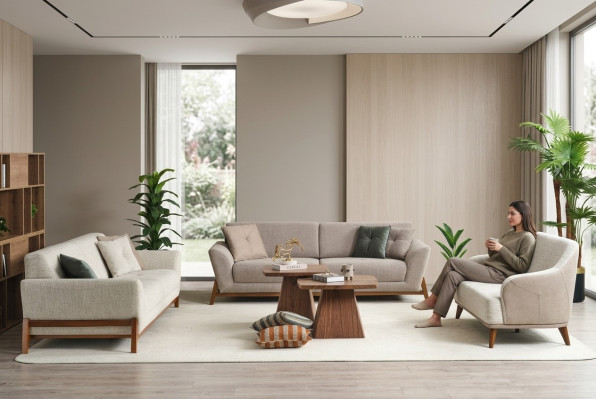 Bankstel Driedelige Bank Fauteuil Sofa Stof Beige Stoffen Bankstel Set 4-delig 3+3+1+1