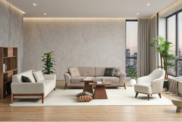 Bankstel Driedelige Bank Fauteuil Sofa Stof Beige Stoffen Bankstel Set 4-delig 3+3+1+1