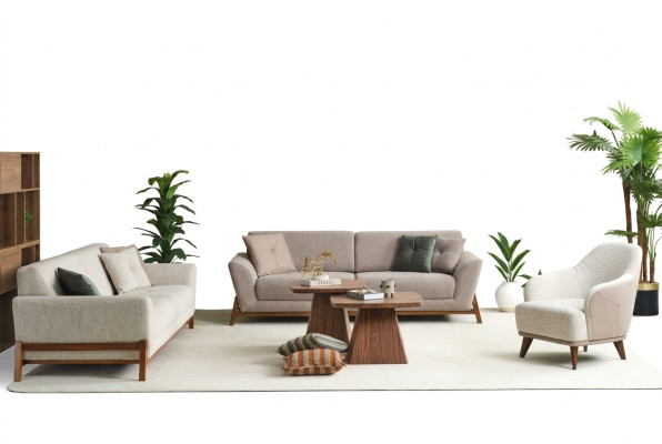 Bankstel Driedelige Bank Fauteuil Sofa Stof Beige Stoffen Bankstel Set 4-delig 3+3+1+1