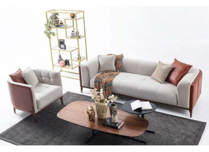 Moderne set met driezitter, fauteuil en bank van grijs stoffen bekleding, bankstelset van 3+1 zitplaatsen.