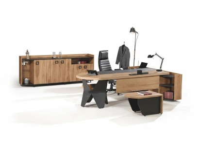 Set van 4 donkerbruine houten meubels voor kantoor: bureau, bureautafel en groot dressoir.