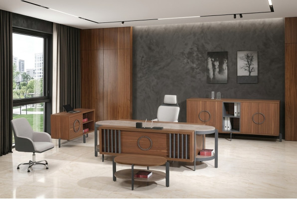 Bureau tafel groep kantoor bureau set 4-delig hout bruin commode groot