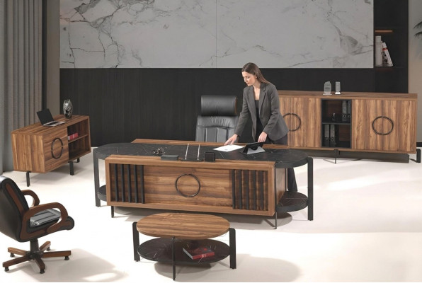 Luxe complete kantoor bureau bureau set 4-delig hout bruin tafel