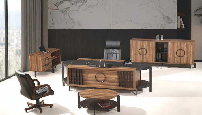 Luxe complete kantoor bureau bureau set 4-delig hout bruin tafel