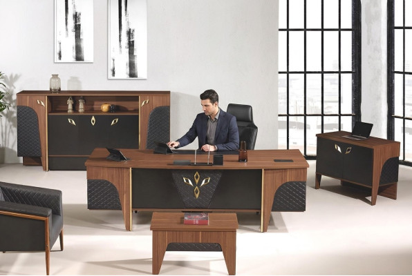 Compleet kantoorbureau kantoortafel set 4-delig hout bruin luxe groot