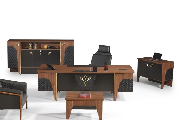 Compleet kantoorbureau kantoortafel set 4-delig hout bruin luxe groot