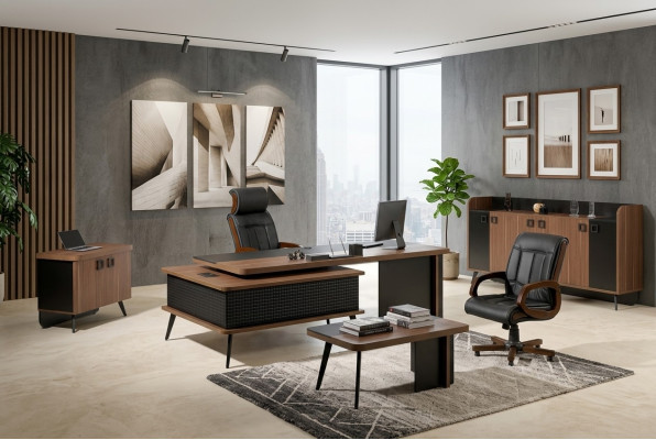 Complete kantoor kantoormeubilair bureau kantoortafel set 4-delig hout bruin