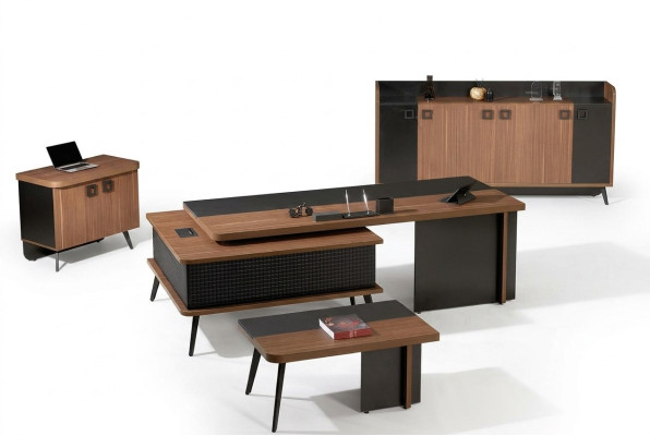 Complete kantoor kantoormeubilair bureau kantoortafel set 4-delig hout bruin