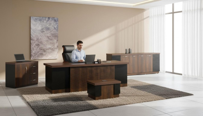 Bureautafel, kantoormeubilair, complete kantoor, 4-delige bureauset hout bruin kantoor.