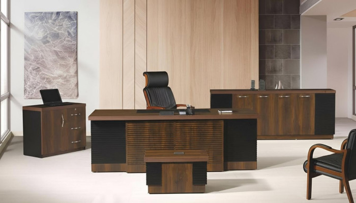 Bureautafel, kantoormeubilair, complete kantoor, 4-delige bureauset hout bruin kantoor.