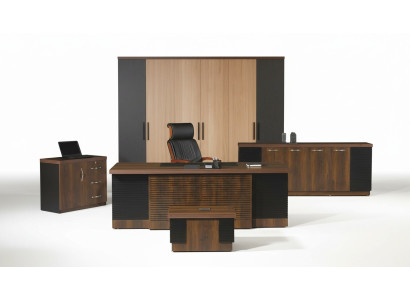 Bureautafel, kantoormeubilair, complete kantoor, 4-delige bureauset hout bruin kantoor.