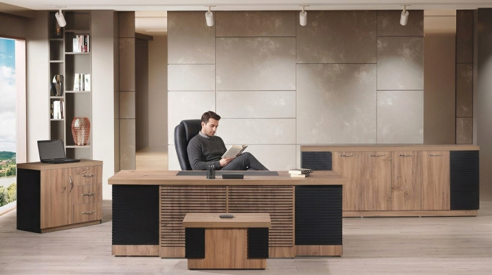 Werkkamer meubels kantoor bureau bureautafel set 4-delig hout bruin
