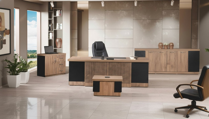 Werkkamer meubels kantoor bureau bureautafel set 4-delig hout bruin