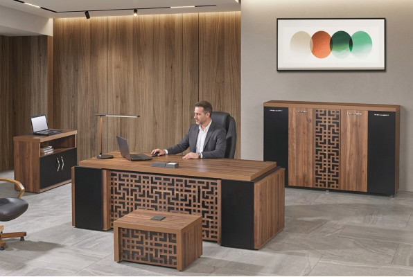 Complete kantoor kantoormeubelen bureau kantoor bureau set 4-delig hout bruin
