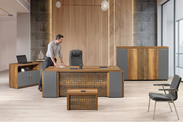 Kantoortafel Kantoor meubels Compleet kantoor Bureau set 4-dlg hout bruin Büro