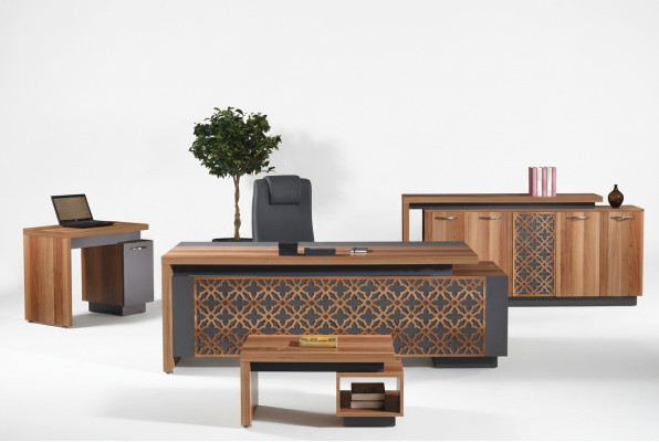 Kantoortafel Kantoor meubilair Compleet kantoor bureau set 4-delig Hout Bruin Büro.