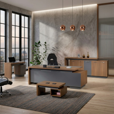 Kantoortafel Kantoor meubels Volledig kantoor Bureau set 4 delig Hout Bruin