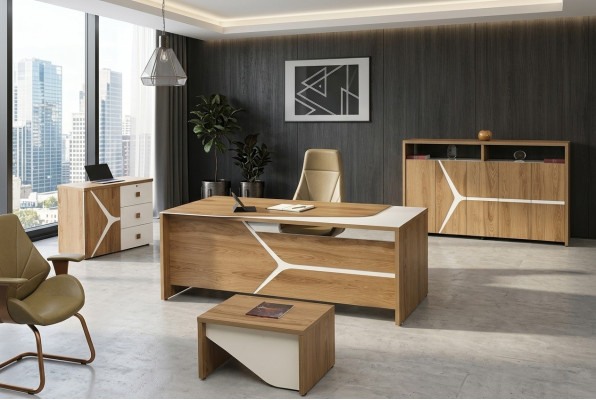 Compleet kantoor bureau kantoortafel set 4-delig hout bruin modern