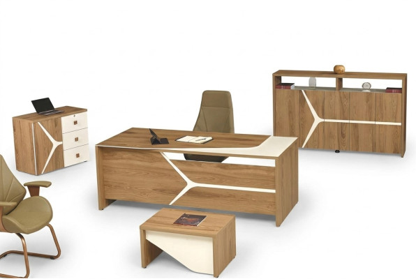 Compleet kantoor bureau kantoortafel set 4-delig hout bruin modern