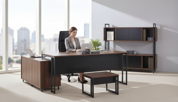 Kantoormeubilair Compleet kantoor Hoekbureau Bureau Bureau 3-delig Hout Bruin