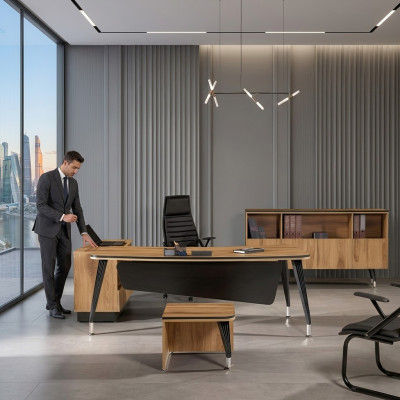 Eckbureautafel Kantoor meubels Compleet kantoor Kantoor 3-delig Hout Bruin Set