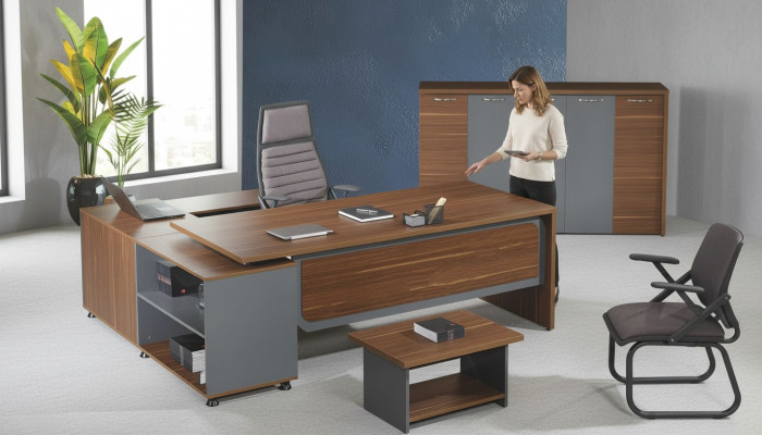 Set van 3 delen kantoorhoekbureau houten bureau bruin