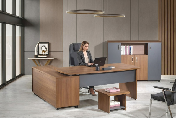 Eckbureau kantoor meubilair compleet kantoor 3-delige houten bruine set
