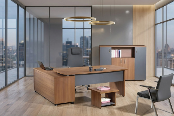 Eckbureau kantoor meubilair compleet kantoor 3-delige houten bruine set