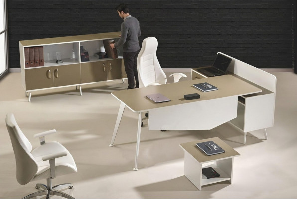 Moderne hoekbureau thuiskantoormeubilair wit kantoor 3-delig houten set groep.