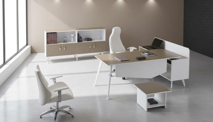 Moderne hoekbureau thuiskantoormeubilair wit kantoor 3-delig houten set groep.
