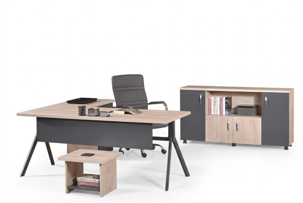 Compleet kantoor, kantoormeubelen, hoekbureautafel, kantoortafelset 3-delig hout grijs