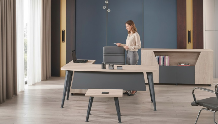 Meubilair Kantoormeubelen Hoekbureautafel Set 3-delig Hout Grijs Tafel