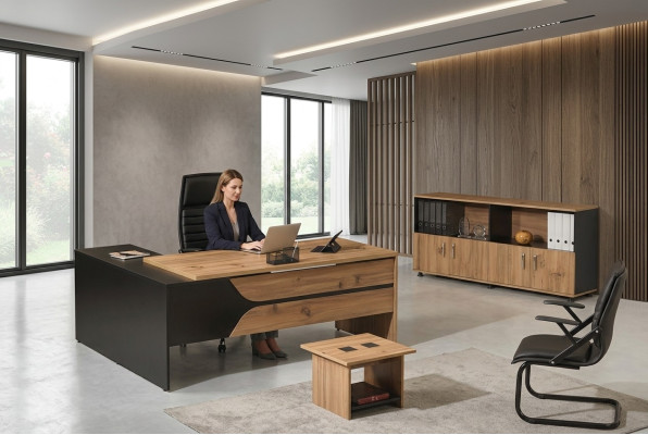 Kantoorcomputermateriaal werktafel kantoormeubelen tafel 3-delig houten set bruin