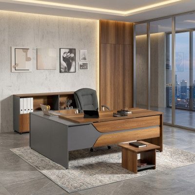 Kantoor meubilair Grijs Set 3-delig Hoekbureau Compleet kantoor Kast Hout Groep