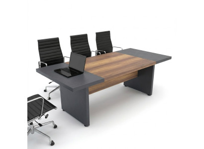 Conferentiemeubilair, vergadertafel, vergadertafels, grote tafel, bruin hout.