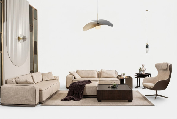 Luxe bankstel driedelige bank stoffen bank beige gestoffeerde bank fauteuil
