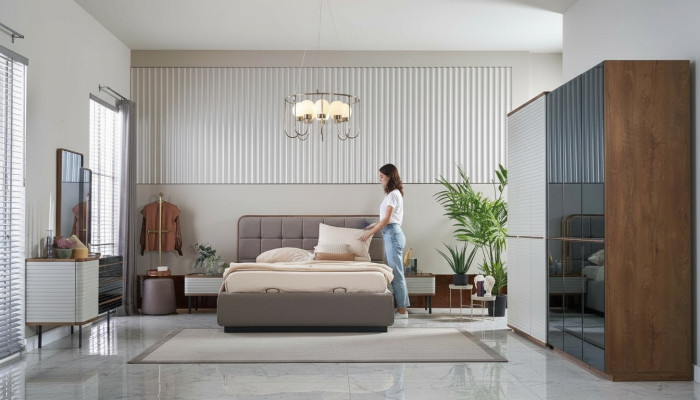 Modern slaapkamerset 7-delig tweepersoonsbed Compleet bruin houten bed