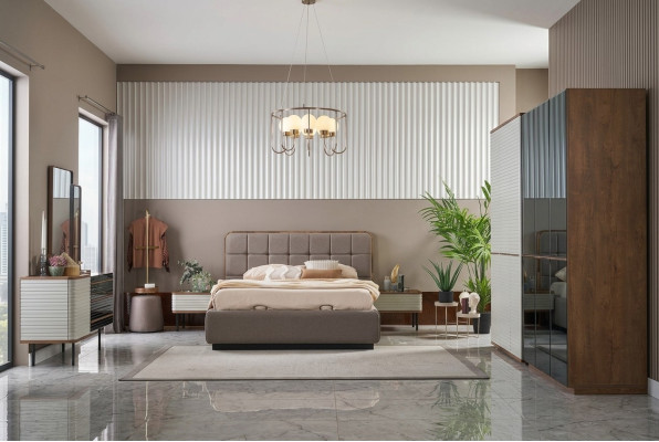 Modern slaapkamerset 7-delig tweepersoonsbed Compleet bruin houten bed