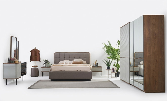 Modern slaapkamerset 7-delig tweepersoonsbed Compleet bruin houten bed