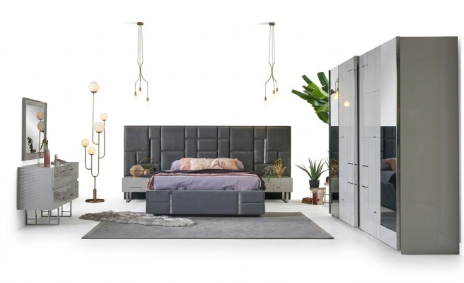 Bedframe Slaapkamer Tweepersoonsbed Grijs Hout Set 6-delig Kledingkast