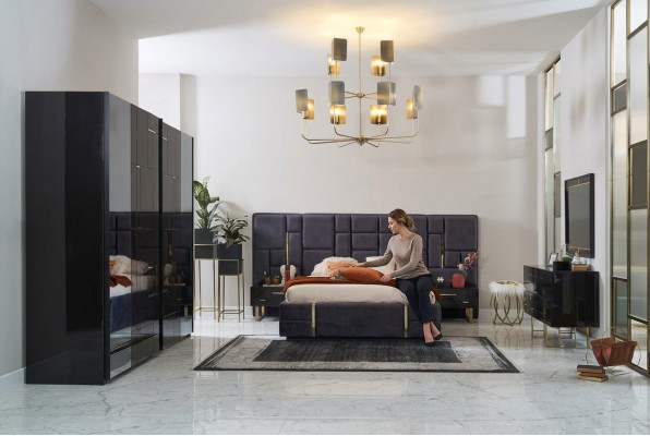 Design tweepersoons bedframe luxe slaapkamer houten set 6-delig zwart