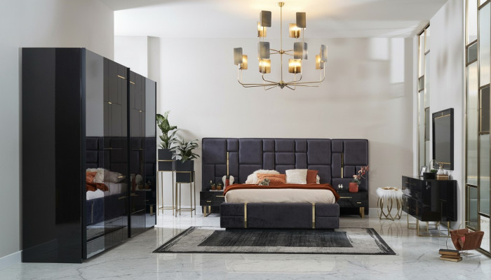 Design tweepersoons bedframe luxe slaapkamer houten set 6-delig zwart